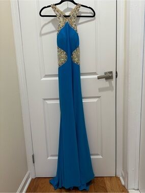Camille La Vie Turquoise Blue Prom Dress with Gold Beaded Accents